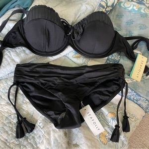 SEAFOLLY BNWT Black Bikini Bra Top and Goddess Bottoms with Tassles